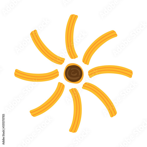 Tasty sweet or salty churros. Sun shape with chocolate cream. Traditional Spanish and Mexican food. Fried dough. Hand drawn vector. Cartoon style