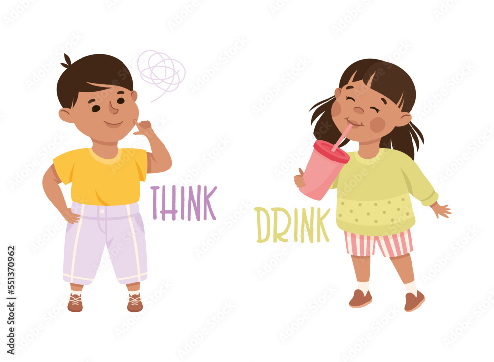 Little Boy and Girl Drinking and Thinking Demonstrating Vocabulary and Verb Studying Vector Set Little Boy and Girl Drinking and Thinking Demonstrating Vocabulary and Verb Studying Vector Set
