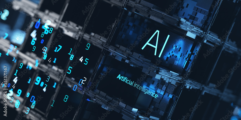 inscription AI on a technological background made of blocks. The development of artificial intelligence. AI artificial intelligence concept. 3D rendering.