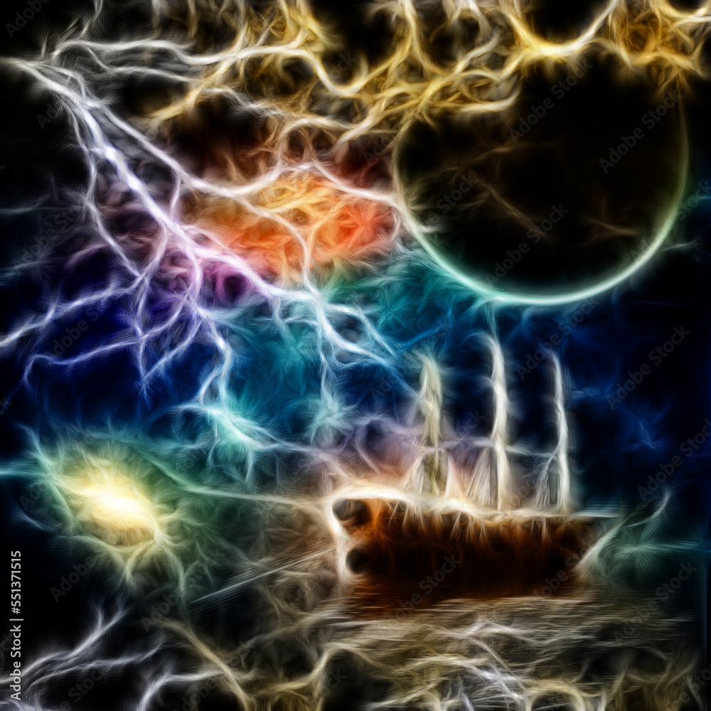 Sailing ship with full sails in fantastic scene Sailing ship with full sails in fantastic scene