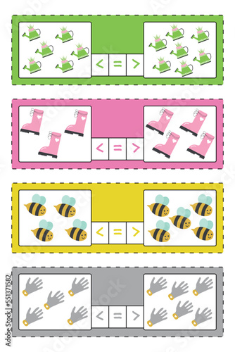 Math tasks for children, a worksheet. The child’s task is to count the elements in the sets and mark the appropriate sign: minority, majority, equality. Vector illustration