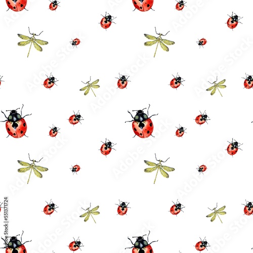 Ladybug red dragonfly yellow pattern a watercolor
