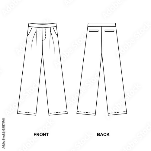Sketch of leather trousers with pockets. Technical drawing of straight trousers, vector.