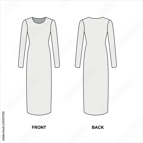 Sketch of a long dress with long sleeves. Technical drawing of a knitted bodycon dress, vector.