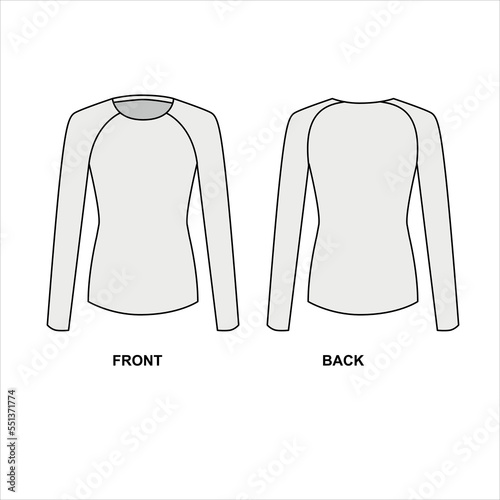Rush guard design template, vector. Long sleeve rash grad sketch. Technical drawing of a body-hugging long-sleeved sports jersey, vector.