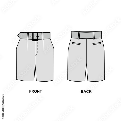 vector illustration of a shorts. Sketch shorts with belt and pockets. Technical drawing of women's shorts, vector.