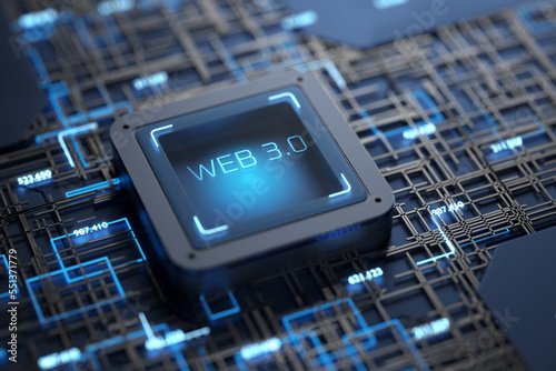 WEB 3.0 chip on a computer board. The concept of decentralized, technology and upgrade. 3D rendering.