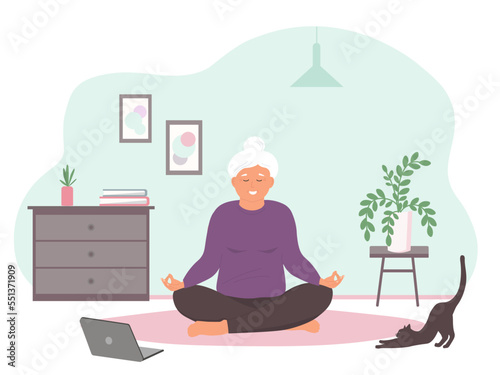 An elderly woman does yoga on the floor in the room. A gray-haired old lady is engaged in gym online at home, watching a laptop. Vector graphics.