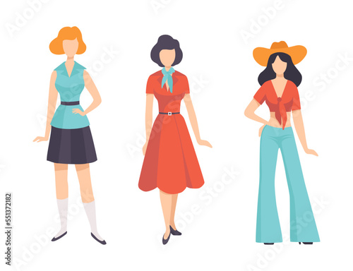 Woman Character Wearing Vintage Clothing from 70s in Standing Pose Vector Set