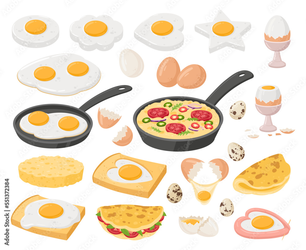 Cartoon eggs dishes, cooked eggs. Fried, boiled, stuffed egg, scrambled ...