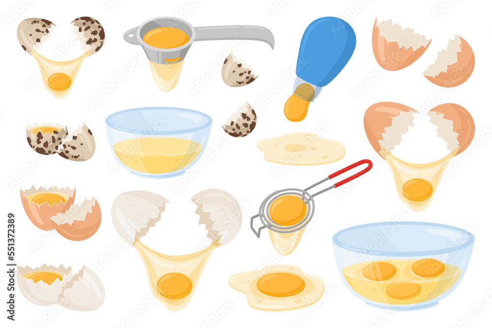 Cartoon raw eggs, fresh egg yolk. White liquid egg and raw yellow yolk