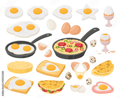 Cartoon eggs dishes, cooked eggs. Fried, boiled, stuffed egg, scrambled omelette and frittata, healthy delicious breakfast flat vector illustration set. Tasty cooked egg dishes