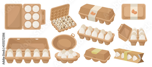 Cartoon eggs packaging, eggs in cardboard boxes. Farmer market, grocery store chicken eggs, organic healthy food flat vector illustration set. Chicken eggs in boxes
