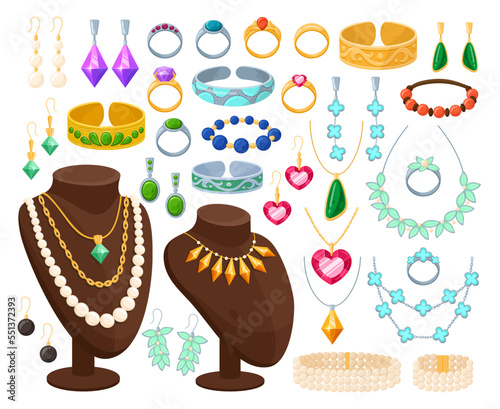 Cartoon gold and silver jewelry. Precious diamond necklace, golden earrings, pearl pendant, gemstone ring, brooch and bracelet flat vector illustration set. Glamorous jewelry accessories