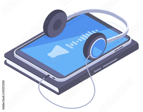 Isometric audio books app. Online mobile library, reading and e-learning concept 3D flat vector illustration on white background