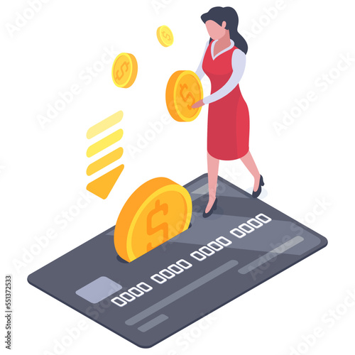 Isometric electronic money transfer. Woman deposit cash into bank account, debit card refill 3D vector illustration on white background