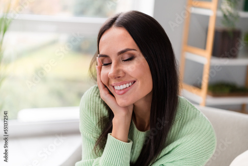 Free Download Close up photo of pretty cute glad lady sitting comfort modern workplace room house indoors eyes closed enjoying time alone freelance - GFXLoad