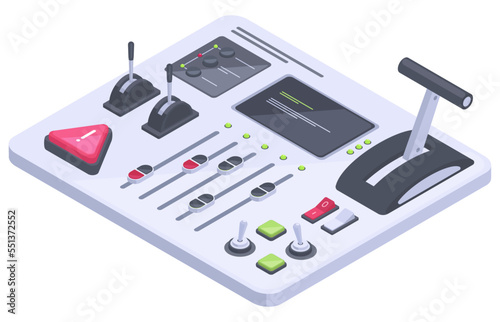 Isometric spaceship 3d dashboard. Aircraft control panel with sliders, controllers and buttons flat vector illustration on white background