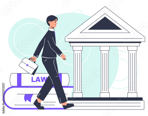 Law firm male worker, professional lawyer. Advocate, judgment or notary concept, court legal documents flat vector illustration on white background