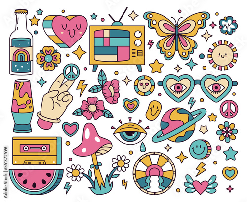 Retro hippie stickers. Groovy doodle flower, rainbow and mushroom, psychedelic hippie badges flat cartoon vector illustration set on white background