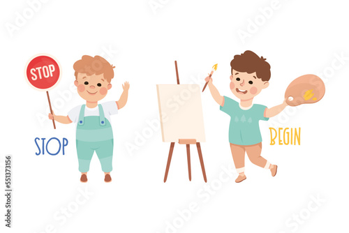Little Boy with Stop Sign and Begin Drawing on Easel Demonstrating Vocabulary and Verb Studying Vector Set