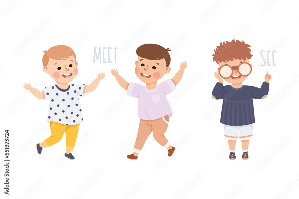 Little Boy Meeting and Seeing Something in Binoculars Demonstrating Vocabulary and Verb Studying Vector Set Little Boy Meeting and Seeing Something in Binoculars Demonstrating Vocabulary and Verb Studying Vector Set