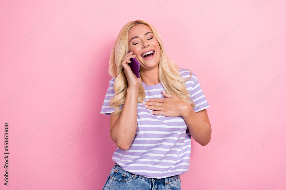 Photo of cheerful pretty lady hand chest wear stylish clothes speaking friends laughing good mood isolated on pink color background Photo of cheerful pretty lady hand chest wear stylish clothes speaking friends laughing good mood isolated on pink color background