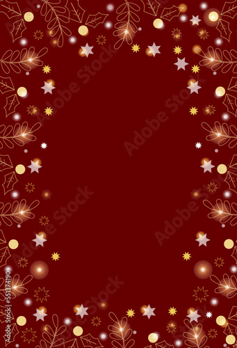Christmas frame with gold elements.Xmas frame illustration on red background