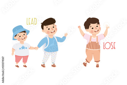 Little Boy Leading Little Brother by Hand and Losing Tooth Demonstrating Vocabulary and Verb Studying Vector Set