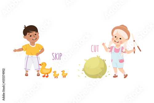 Little Boy and Girl Skipping Ducks and Cutting Bush with Garden Pruner Demonstrating Vocabulary and Verb Studying Vector Set
