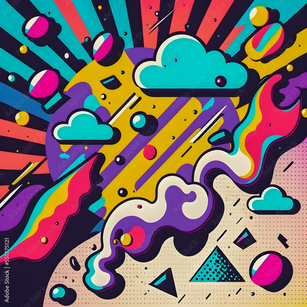 Hand drawn illustration, Retro and 90s style, Pop Art, Abstract, Crazy, and Psychedelic Background.