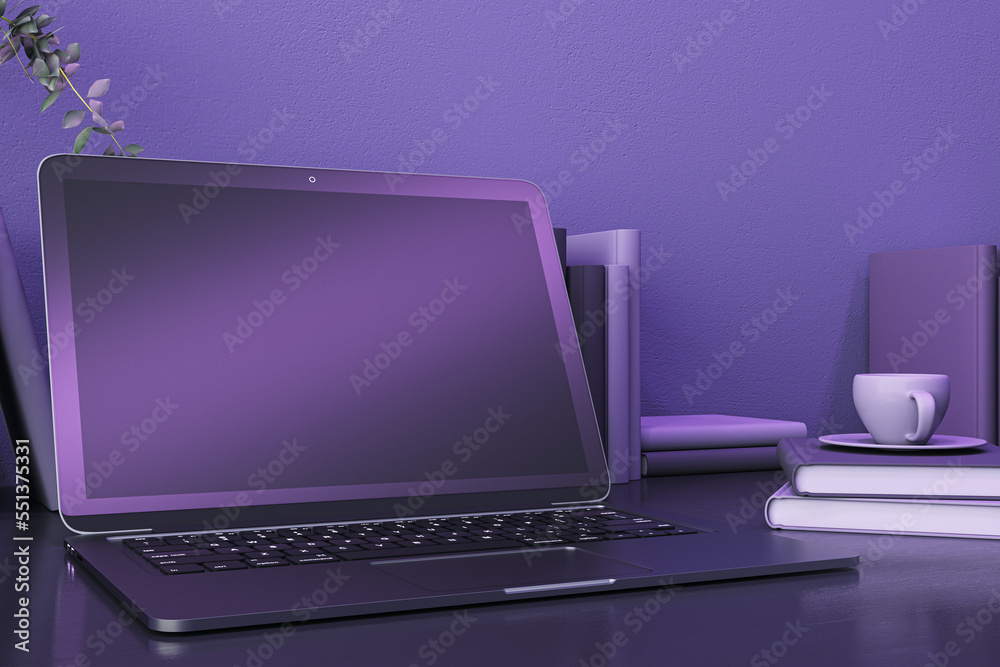 Creative purple designer desktop with empty mock up computer monitor, coffee cup and books. 3D Rendering.