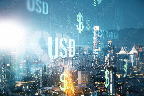 Double exposure of virtual USD symbols hologram on San Francisco city skyscrapers background. Banking and investing concept