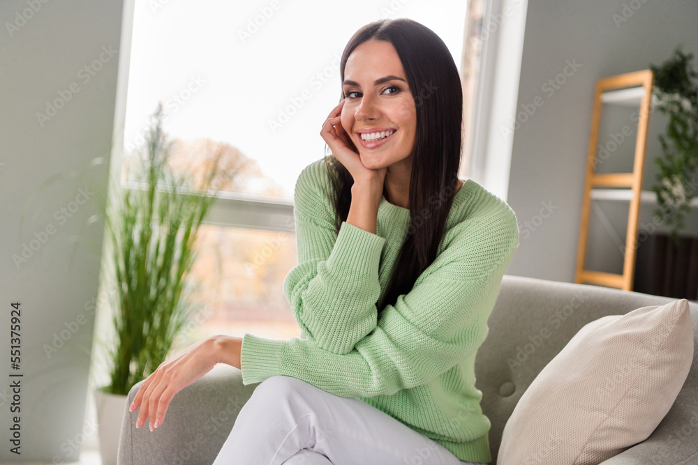 Photo of lovely pretty lady secretary boss assistant after working day sitting cozy house home room indoors