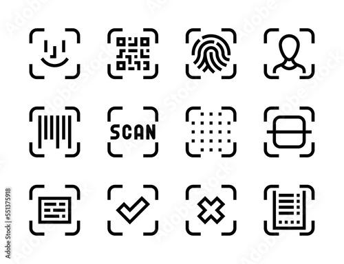 QR code, Face recognition and Scan process line vector icons. Identification, Authentication and Object scanning editable stroke outline icon set.