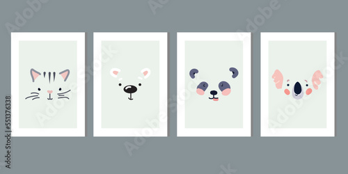 Kids wall art vector collection. Cute hand drawn design with baby animal. Wallpaper background design for child room decoration. Nursery toy cards and cover. Face of the cat, panda, bear and koala