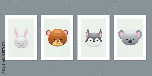 Kids wall art vector collection. Cute hand drawn design with baby animal. Wallpaper background design for child room decoration. Nursery toy cards and cover. Rabbit, koala, dog, fox and bear vector.