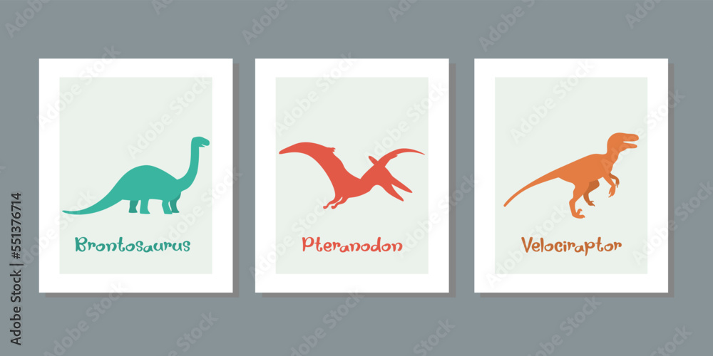 Three frame set of illustrations with cute dinosaurs on a white background. Hand drawn cartoon dinos vector for children, girl, boy. For postcard, wall, poster kids room fabric fashion shirt clothes.
