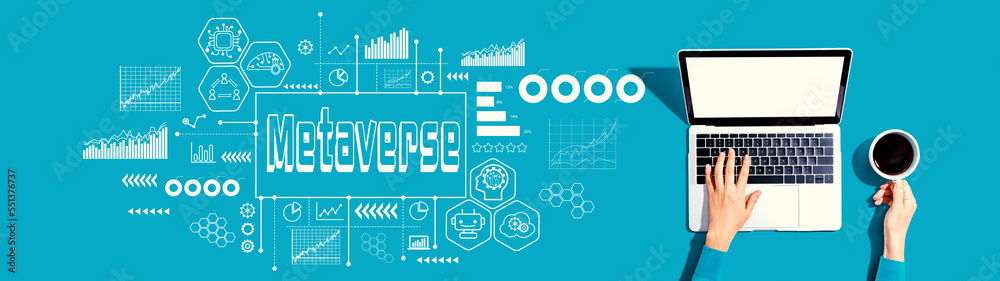Metaverse theme with person using a laptop computer Metaverse theme with person using a laptop computer