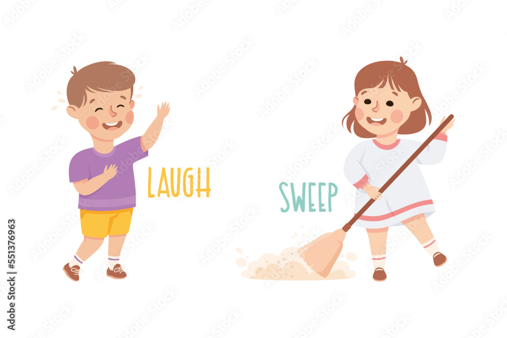 Little Boy and Girl Laughing and Sweeping Demonstrating Vocabulary and Verb Studying Vector Set Little Boy and Girl Laughing and Sweeping Demonstrating Vocabulary and Verb Studying Vector Set