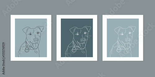 Cute dog portrait, animal continuous line drawing elements set. Serious dog background decorative element. Vector illustration of pastel color in trendy outline style. Wall art minimalist canvas.