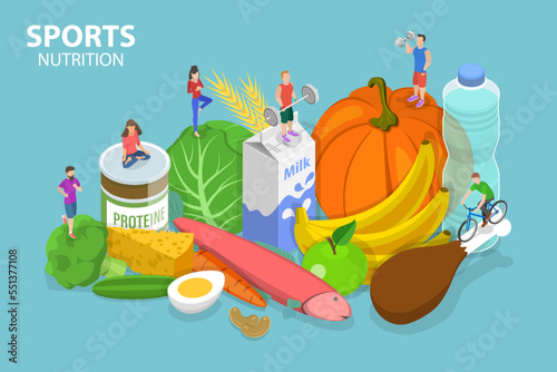 3D Isometric Flat Vector Conceptual Illustration of Sports Nutrition, Dieting and Healthy Lifestyle