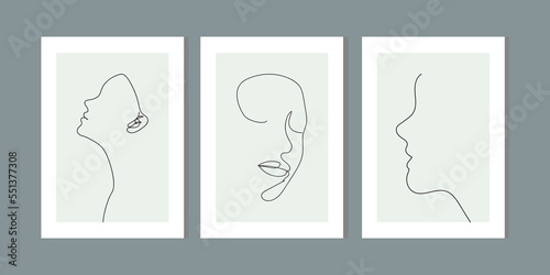 Elegant one line sketches of female abstract face. Drawing minimalist line art. Trendy illustration continuous minimal print. Beauty woman face figure. Print of three frame set, contour, cosmetics.
