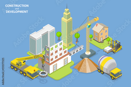 3D Isometric Flat Vector Conceptual Illustration of Construction and Development, House Building Site