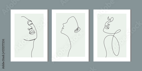 Elegant one line sketches of female abstract face. Drawing minimalist line art. Trendy illustration continuous minimal print. Beauty woman face figure. Print of three frame set, colorful, cosmetics.
