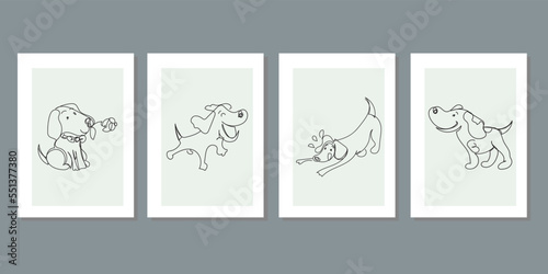 Cute dog portrait, animal continuous line drawing elements set. Excited, happy, playing, running, holding flower with mouth pet animal. Various forms in trendy outline style. Wall art minimal canvas