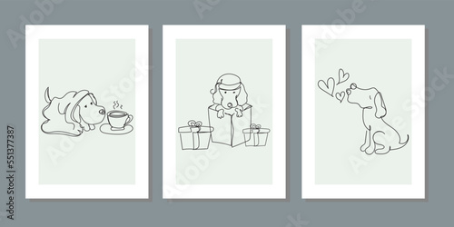 Cute dog portrait, animal continuous line drawing elements set. A dog in a blanket, loving, playing with gift wrap, being sick, drinking his hot tea. Trendy outline style. Wall art minimal canvas
