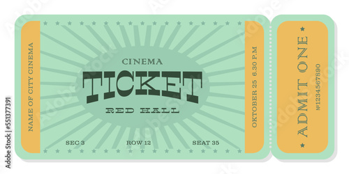Ticket template in vintage style in green and yellow colors. For cinemas, concerts, parties, clubs, transportation and other projects. Vector, can be used for printing. Just add your text.