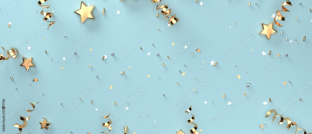Serpentine streamers with stars and confetti - 3D render illustration Serpentine streamers with stars and confetti - 3D render illustration