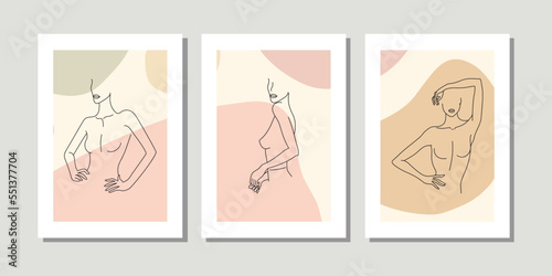 Elegant one line sketches of female abstract face. Drawing minimalist line style. Trendy illustration continuous minimal art. Beauty woman body figure. Print of three frame set, colorful, cosmetics. 